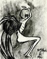 charcoal drawing of a naked woman with wings sprouting out of her back