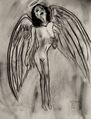 charcoal drawing of naked angel bleeding out of her eyes and mouth and in pain
