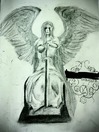 charcoal and graphite drawing of an angel statue with a sword
