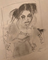 pencil drawing of amy lee with the word malice over where her mouth would be