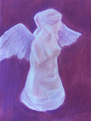 blue and purple pastel drawing of plaster body of venus with swan wings
